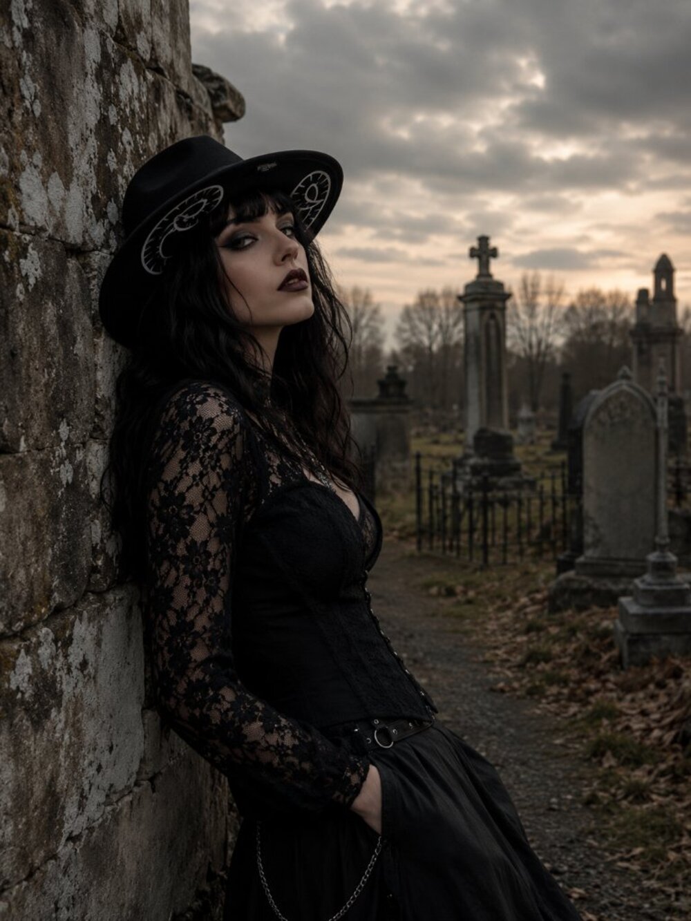 Witchwood Black Felt Hat Celestial Ram Horn Design Wide Brim Gothic Boho Fedora